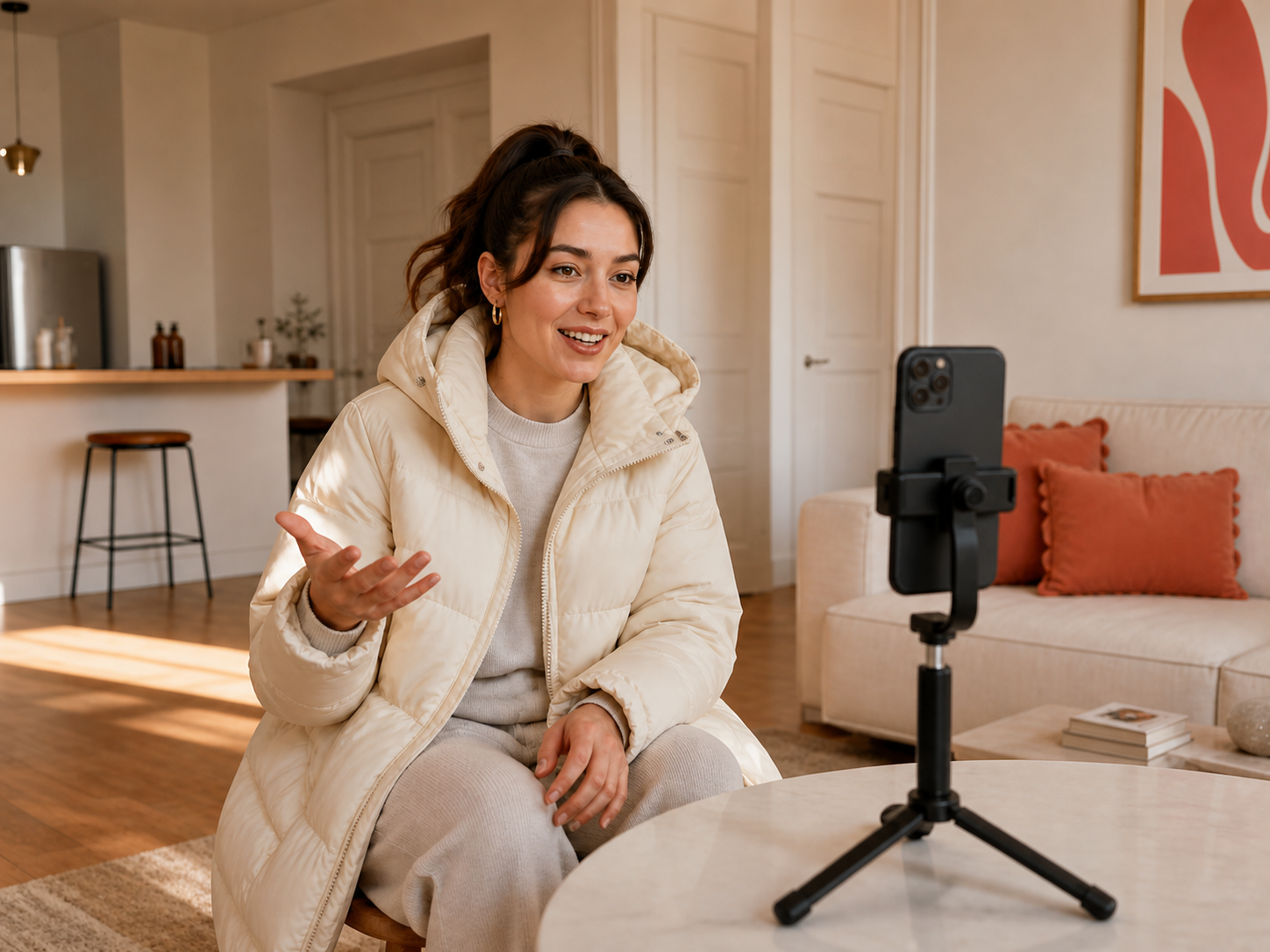 Creator in a cream quilted longline jacket filming a product video on a phone tripod at home