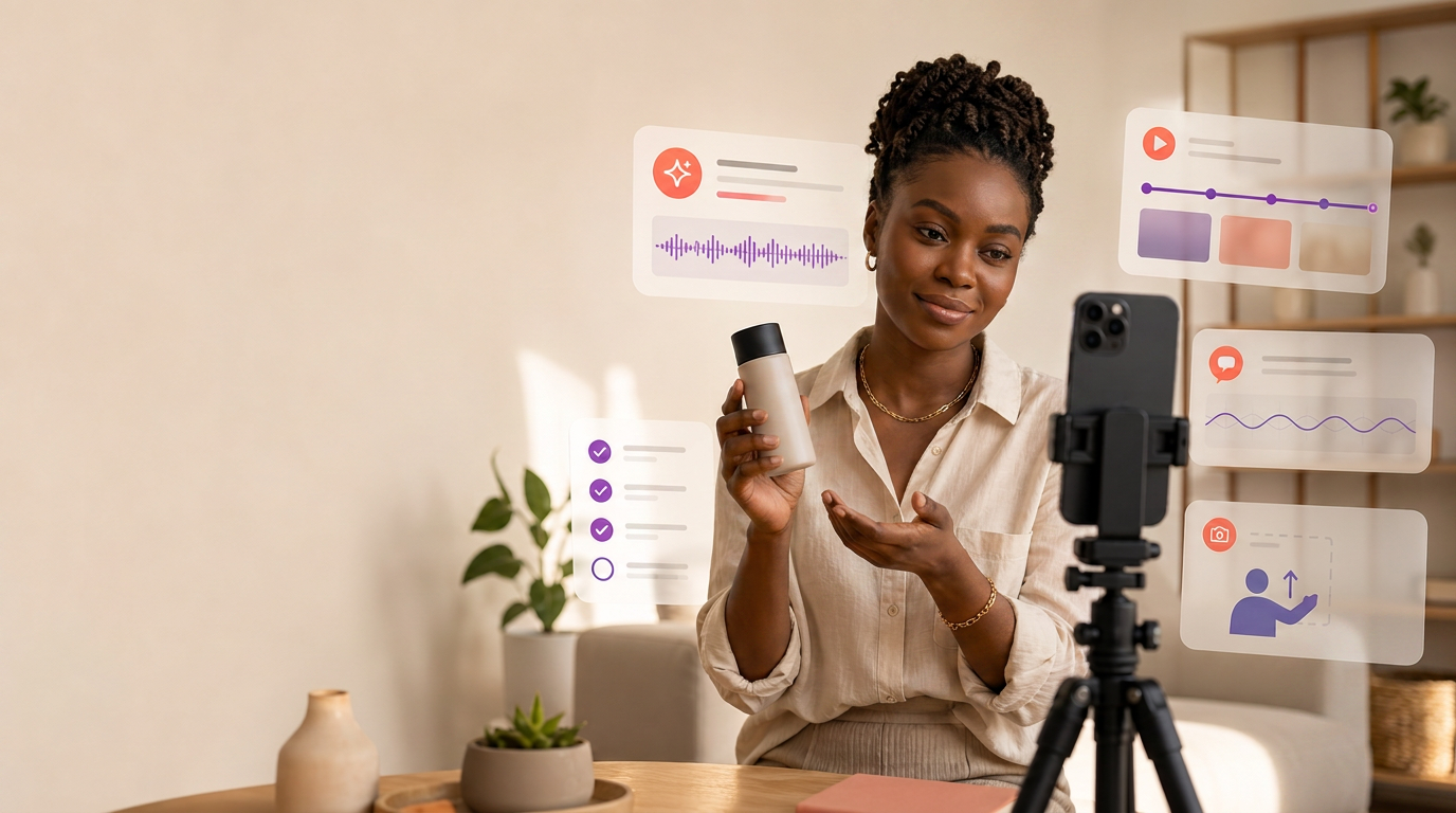 Black female creator holding a product bottle while filming a TikTok video on a phone tripod with AI script overlays